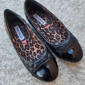 Steve Madden Black Quilted Cap Toe Ballet Flats W/ Leopard Insole, Sz 4